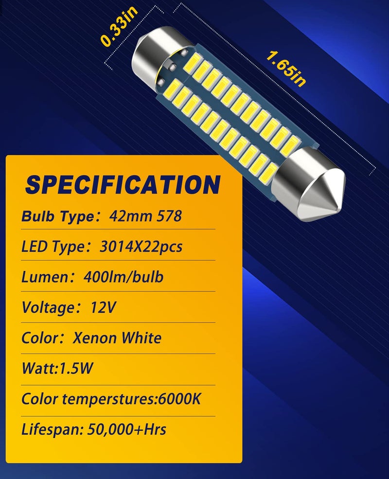 Serundo Auto 578 Led Bulb 211-2 41mm 42mm 1.65in for Car Map Light Dome Light, 6000k White Super Bright Interior Led Festoon Bulb,Pack of 4pcs - Image 4